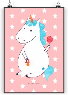 Produktbild von Mr. & Mrs. Panda Bild Einhorn Baby DIN A5 - Rot Pastell - Geschenk, wanddeko, Geburt, Schnuller, Designposter, Geburtstag, Plakat, Unicorn, drucke, Wandbild, Einhörner