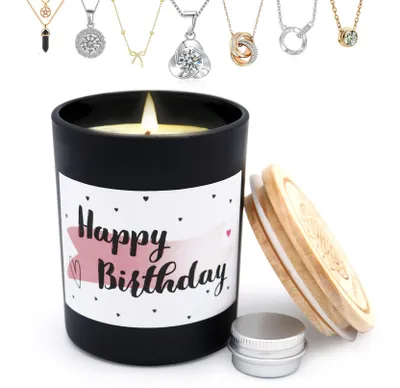 Produktbild von Happy Birthday Sojawachs Duftkerze im Glas mit Spruch, Schmuckkerze mit Überraschungsschmuck, Geschenkidee zum Geburtstag für Freunde & Familie K001