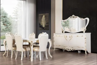 Produktbild von Esszimmer Set 9tlg. Luxus Garnitur Tisch 6x Stühle Anrichte Spiegel Möbel