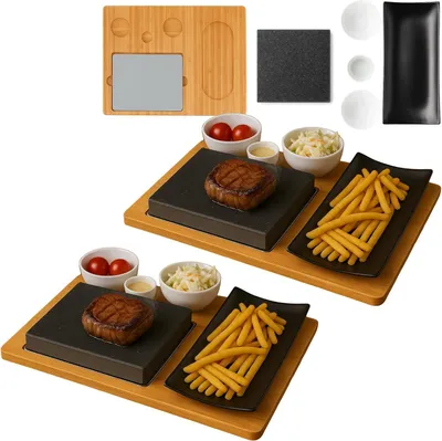 Obrázek produktu pro Steaková deska z lávového kamene 2 kusy, servírovací deska, bambusová deska s horkým kamenným grilem, steaková grilovací deska, kamenná deska, stolní grilovací deska 2 sady