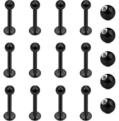 Immagine prodotto di 12 piercing per labbro, spessore 1,2 mm, in acciaio chirurgico, adatti per labret, helix e tragus. Disponibili in argento, oro e nero, con sfera da 6 mm e diametro del perno da 3 mm
