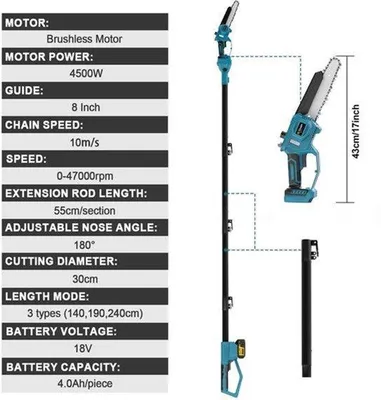 Imagen del producto de Mini motosierra eléctrica de 8 pulgadas con barra extensible y 2 baterías