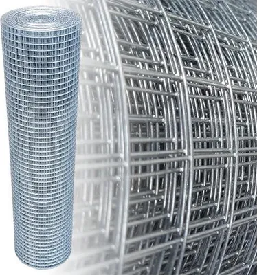 A roll of galvanized wire mesh is shown against a white background, with a close-up view of the mesh pattern on the right.