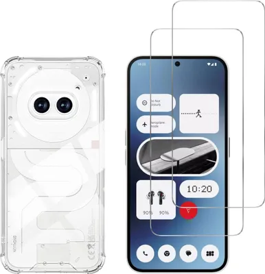 A clear product shot of a phone case and screen protectors, with a phone displaying a user interface.
