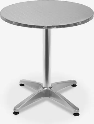 A silver round table with a four-legged base is shown against a white background.