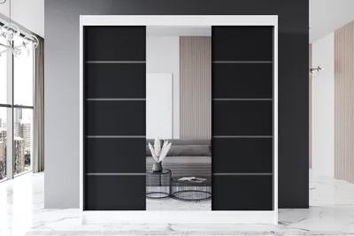 Produktbild von Easy4You R6 200 cm Weiß/Schwarz Schiebetüren Kleiderschrank 200x215x58 cm mit Spiegel - Schlafzimmermöbel, Aufbewahrung - Mehrzweckschrank