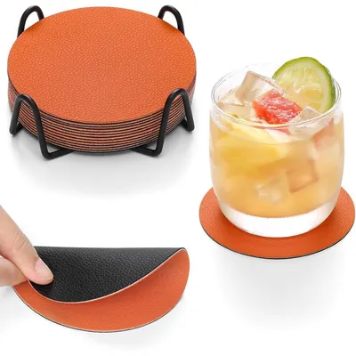 Productafbeelding van 12-delige set onderzetters, dubbelzijdig, rond, kunstleer, zwart-oranje, antislip