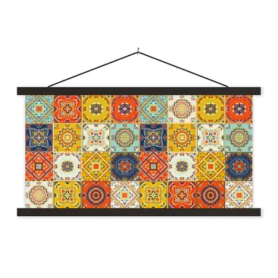Produktbild von MuchoWow® Textilposter Vintage - Blumen - Muster - Weiß - Orange 90x45 cm mit schwarzem Rahmen - Klemmleisten