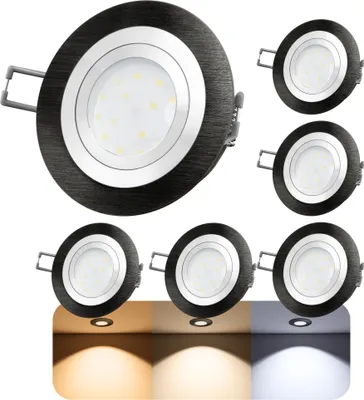 Produktbild von 6er Set RF-2 LED Einbaustrahler flach & rund in Alu schwarz - mit wechselbarem LED 4W 230V drei einstellbaren Lichtfarben 3CCT