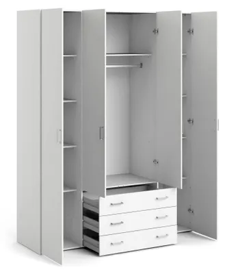 Produktbild von Kleiderschrank mit vier Türen und drei Schubladen, Farbe Weiß, Maße 154 x 200 x 49 cm