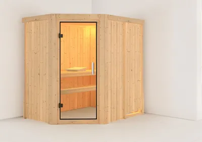 Produktbild von Karibu Sauna Innensauna Saja Eckeinstieg ohne Zubehör 196x151x198 cm ohne Dachkranz mit Klarglastür