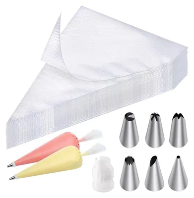 Produktbild von Spritztüten Set 100 Stück Einweg mit 6 Spritztüllen und Kupplung für Gebäck Torten Kekse Cupcakes 25.5 x 15.5 cm