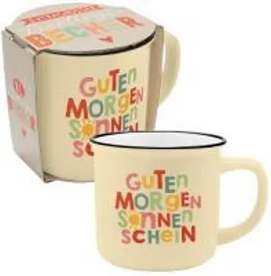 Produktbild von XL-Becher in Emailleoptik mit Motivdruck 'Guten Morgen Sonnenschein'