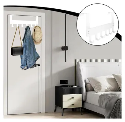 Produktbild von 2er Set Türgarderobe mit 6 Haken, platzsparende Türhakenleiste für Schlafzimmer, Badezimmer, Küche und Eingangsbereiche (Weiß)