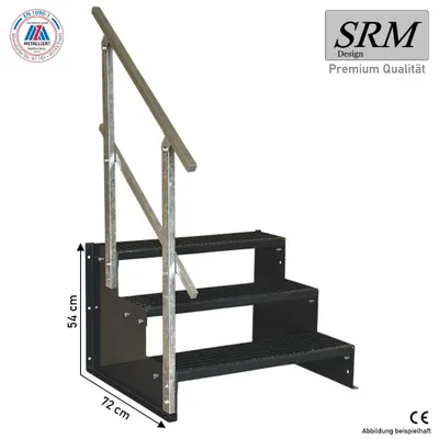 Produktbild von 3 Stufen Standtreppe Modell 2 komplett anthrazit Treppe Stahltreppe Tritthöhe 18 cm Breite 150 cm Höhe 54 cm 1x Geländer