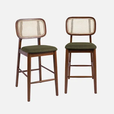 Produktbild von sweeek - 2er-Set Vintage Barhocker aus Heveaholz mit Rattan-Geflecht und Stoffbezug - Nussbaumfarben