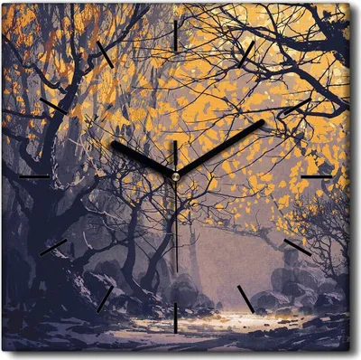 Produktbild von Coloray Uhr auf Leinwand 30x30 cm Wand Uhr Dekoration Wohnzimmer Segeltuch schwarze Hände -Herbstwaldlandschaft.