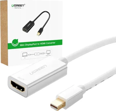 A white Ugreen Mini DisplayPort to HDMI adapter cable is shown diagonally on a white background, with its packaging box partially visible on the left.