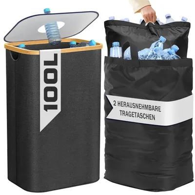 Produktbild von Pfandbehälter mit 2 Tragetaschen, 100 Liter, Behälter für leere Flaschen, Aufbewahrungsbox, Küchenaufbewahrungs- und Organisationslösung (schwarz)
