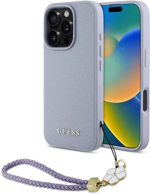 Immagine prodotto di Custodia posteriore Guess - iPhone 16 Pro - Viola - Magsafe - Cinturino con ciondolo a forma di fiore