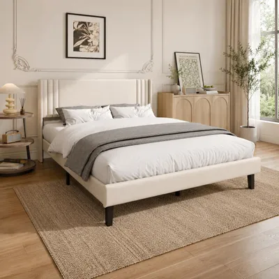 Produktbild von INONEFT Polsterbett 140x200 cm Doppelbett mit Stauraum unter dem Bett, Jugendbett Bettgestell mit Kopfteil und Lattenrost, Ohne Matratze, Leinen Beige, KI-generiertes Bild