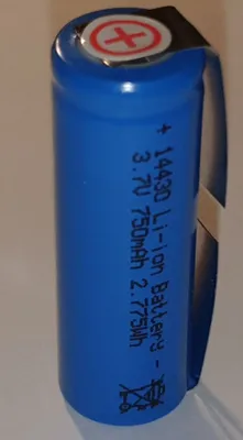 A single blue lithium-ion battery with text printed on it.