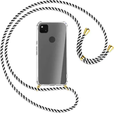 Produktbild von Handykette Backcover-Schutzhülle mit Band (Metall goldfarben) für Google Pixel 4a - schwarz/weiß gestreift