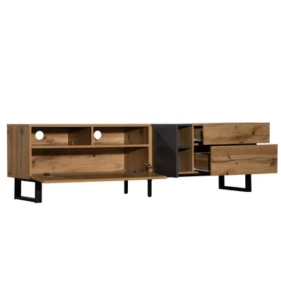 A long, low TV stand with multiple compartments and drawers, presented against a white background.