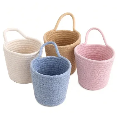 Produktbild von Handgefertigter Baumwollseil-Aufbewahrungskorb, 4pcs Körbe, mit Griff, Wandkorb, für Küche, Bad, Wohnzimmer, Schuh- oder Spielzeug-Aufbewahrung