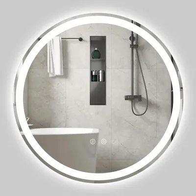 Image de Miroir COSTWAY avec éclairage, miroir de salle de bain rond, miroir de salle de bain avec interrupteur tactile, système de mémoire et fonction anti-buée, miroir mural