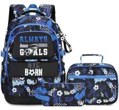 Produktbild von Schulrucksack Set für Jungen mit Brotdose und Federmäppchen, Fußball-Design, 46x31x17 cm