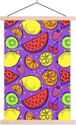 Produktbild von MuchoWow® Textilposter Neon - Obst - Lila 60x90 cm mit holzfarbenen Rahmen - Textil