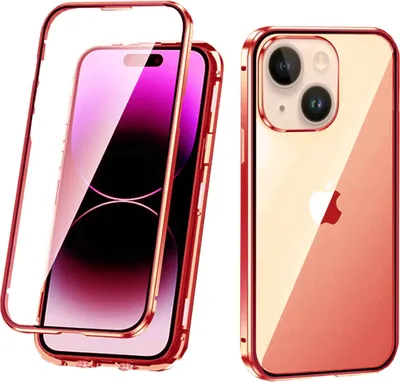 Produktbild von Für Apple iPhone 14 Beidseitiger 360 Grad Magnet Glas Hülle Handy Tasche Bumper Rot
