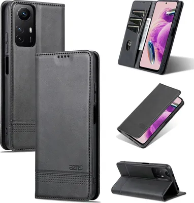 Immagine prodotto di Custodia in pelle per Xiaomi Redmi Note 12S, custodia pieghevole a portafoglio con chiusura magnetica e supporto nero