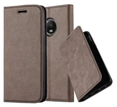 A brown leather flip case for a smartphone is shown, with the phone partially inserted and the flip cover open.