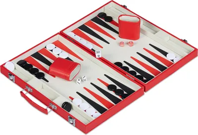 Image de Mallette de backgammon Relaxdays, accessoires inclus, H x l x P : 5 x 36,5 x 24 cm, aspect cuir élégant, jeu de société, jeu de dés, rouge