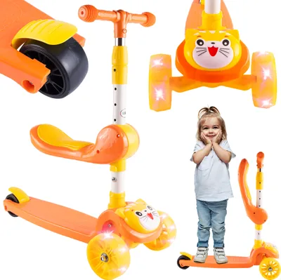 Produktbild von Malplay | trojkolesová kolobežka | skladacia detská kolobežka | LED kolieska Rider cat | výška do 78 cm | oranžová | do 30 kg | nožná brzda