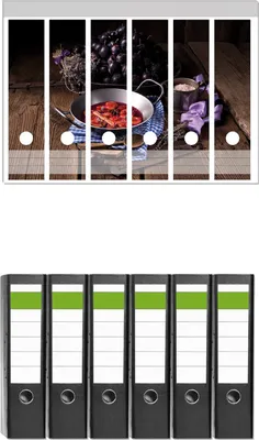 Produktbild von Wallario 6 Stück breite Ordner inkl. Klebeetiketten mit Motive Frisches Pflaumenkompott mit Gewüzen -  Set mit Rückenschildern / Ordnerrücken Stickern