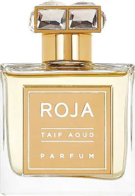 A clear, front-facing studio shot of a bottle of Roja Taif Aoud Parfum.