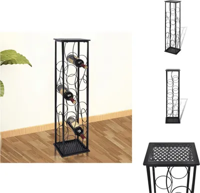 A tall, black metal wine rack with circular holders for bottles, placed on a wooden floor next to a wall. The rack has a top surface and a base. There are also smaller images of the wine rack on the right side of the image.