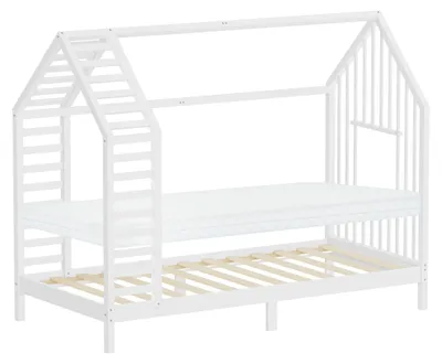 Zdjęcie produktu dla Łóżeczko dziecięce ML-Design, 90x200 cm, białe, z materacem i stelażem, łóżko-domek z daszkiem, rama łóżka wykonana z drewna sosnowego, łóżko Montessori dla dziewczynek i chłopców
