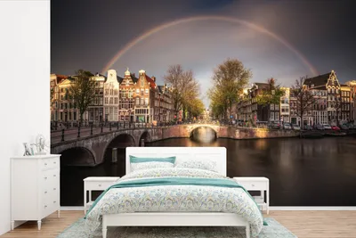 Produktbild von MuchoWow® Fototapete für Wohnzimmer oder Schlafzimmer Wandtapete Vinyl Motivtapete Amsterdams Keizersgracht unter einem Regenbogen - 360x240 cm - Vinyl-Tapete