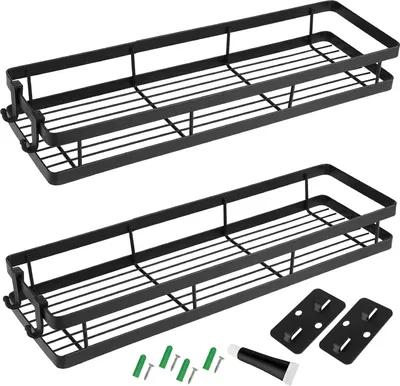 Obrázek produktu pro 2 kusy Stojan na kořenky 40 x 12 x 5,5 cm - Kovový stojan na kořenky Závěsný stojan bez vrtání Nástěnný stojan Stojan na kořenky s háčky a doplňky do kuchyně Koupelna černá