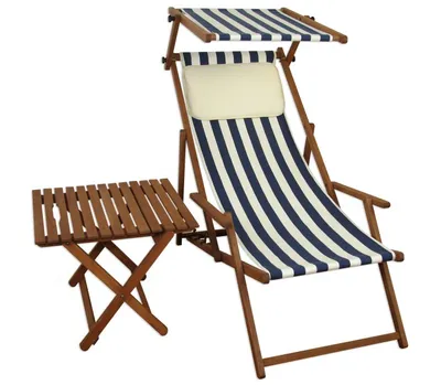 Produktbild von Liegestuhl blau-weiß Gartenstuhl Tisch Sonnendach Kissen Deckchair Buche Strandstuhl 10-317STKH