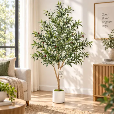 Produktbild von Künstlicher Olivenbaum 150 cm, Kunstpflanze mit Früchten und weißem Topf, Mediterraner Kunstbaum für Wohnzimmer, Büro, Flur, Schlafzimmer, Dekopflanze