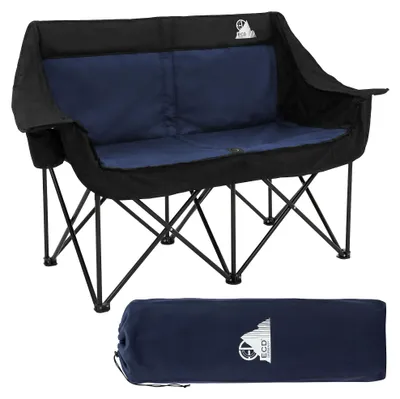 Produktbild von ECD Germany Campingstuhl faltbar für 2 Personen Blau 2-Sitzer mit Stahlgestell Doppel Klappstuhl mit Tasche/Getränkehaltern für Outdoor Camping Angeln