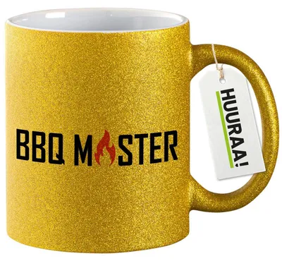 Produktbild von Huuraa Glitzertasse BBQ Master Grillen 330ml Gold Keramik Kaffeebecher Geschenkidee