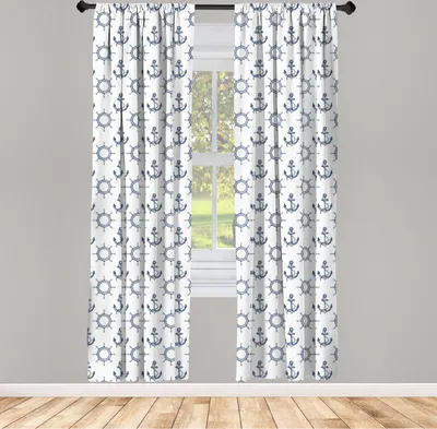 Produktbild von ABAKUHAUS Anker Vorhänge, Gardinen, Seitenruder Maritime Ikonen Nautisch Inspiration Wiederholendes Monochrom Muster, 2 Stück 75 x 225 cm, , Marineblau Weiß