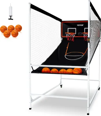 Produktbild von VEVOR Indoor-Basketballspiel für 2 Spieler, Basketballautomat, Baskeltballständer mit 5 Bällen & 8 Spielmodi & 2 Basketballkörben & Anzeigetafel & Aufblaspumpe, für Kinder, Erwachsene (Schwarz)
