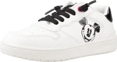 A white sneaker with black laces and a Mickey Mouse graphic.